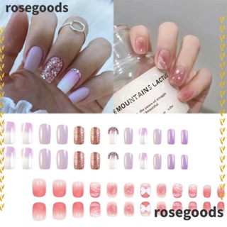 Rosegoods1 เล็บปลอมแฟชั่น หัวเหลี่ยม ยาวปานกลาง แบบเต็มเล็บ สไตล์ฝรั่งเศส สําหรับผู้หญิง