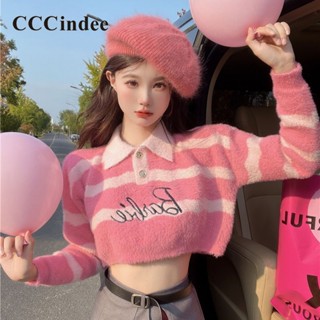 Cccindee เสื้อยืดโปโล แขนยาว ลายทาง ทรงหลวม แฟชั่นใหม่ สําหรับผู้หญิง 2023