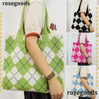 Rosegoods1 กระเป๋าสะพายไหล่ กระเป๋าถือ ผ้าถัก ลายเพชร ความจุขนาดใหญ่ สําหรับสตรี