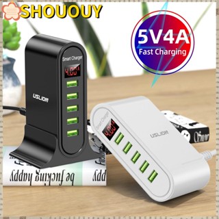 Shououy 5 in 1 ที่ชาร์จ USB 5 พอร์ต ปลั๊ก EU US ชาร์จเร็ว จอแสดงผล LED ABS ที่ชาร์จโทรศัพท์มือถือ หลายเครื่อง เดินทาง