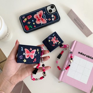 เคสหูฟัง ผ้ายีน ปักลายผีเสื้อ พร้อมสายคล้อง สําหรับ AirPods 1 2 3 Pro 1 2 AirPods Pro 1 2 3