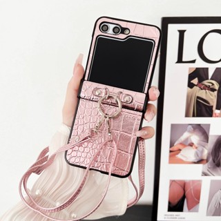 เคสโทรศัพท์มือถือ ป้องกัน ปิดด้านหลัง แบบพับได้ หรูหรา พร้อมแหวนขาตั้ง และสายคล้อง สําหรับ Samsung Galaxy Z Flip 5 5G Z Flip5