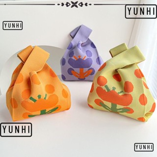 Yunhi Knot กระเป๋าถือ ผ้าถัก แฮนด์เมด ความจุสูง ลายการ์ตูนดอกไม้ สําหรับผู้หญิง