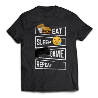 เสื้อยืดลําลอง ผ้าฝ้าย 100% แขนสั้น พิมพ์ลายกราฟฟิค Eat Sleep Game Repeat