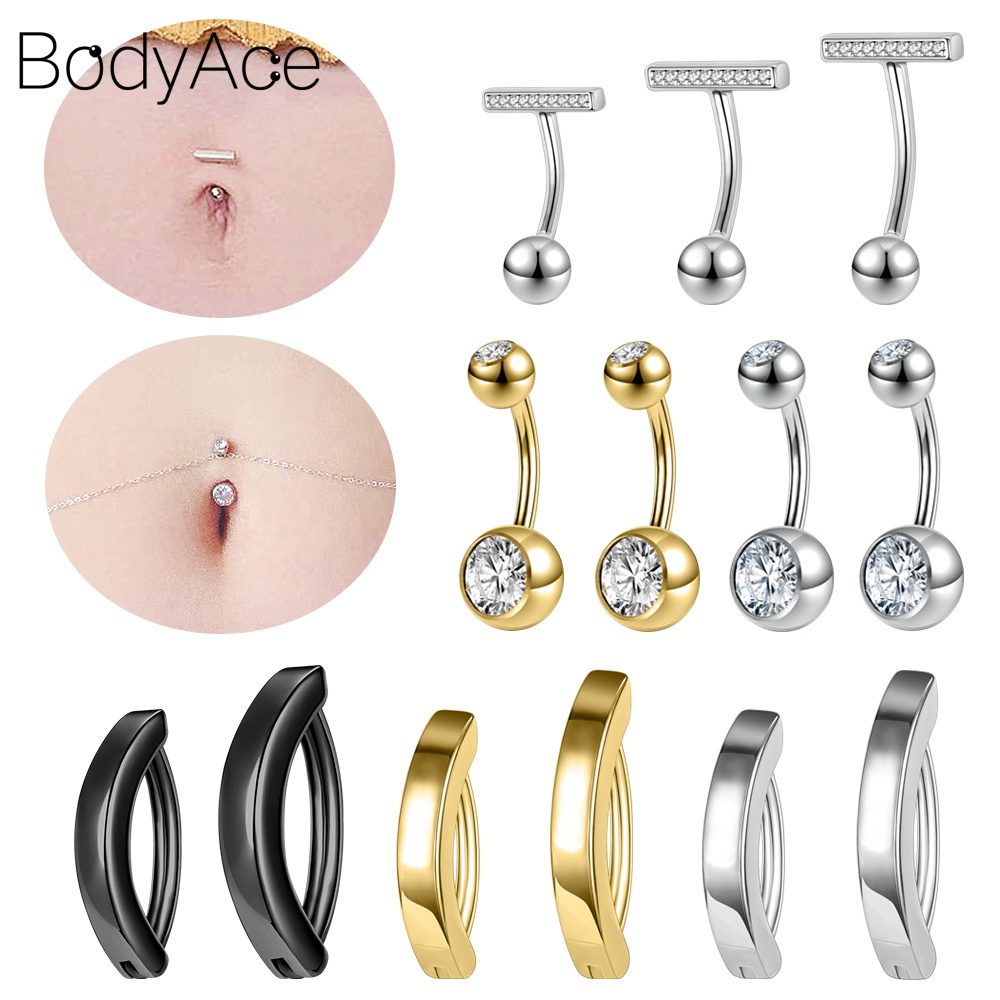 Bodyace จิวสะดือ เจาะสะดือ รูปตัว T คริสตัล เงินแท้ 925 8 10 12 มม. 1 ชิ้น
