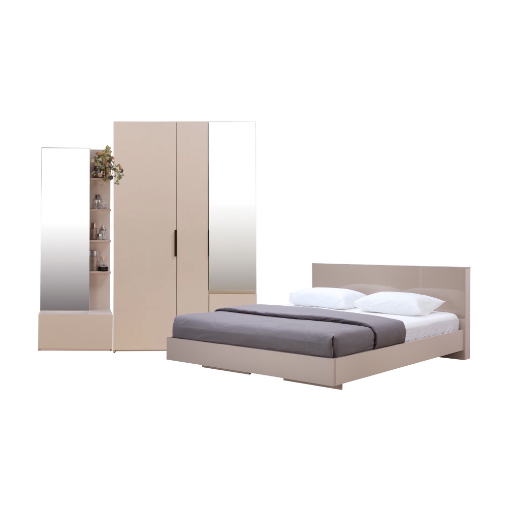 INDEX LIVING MALL ชุดห้องนอน รุ่นแมสซิโม่+แมกซี่ ขนาด 5 ฟุต (เตียงนอน(พื้นเตียงซี่), ตู้เสื้อผ้า 3 บาน พร้อมกระจกเงา, โต๊ะเครื่องแป้ง) - สีหินทราย