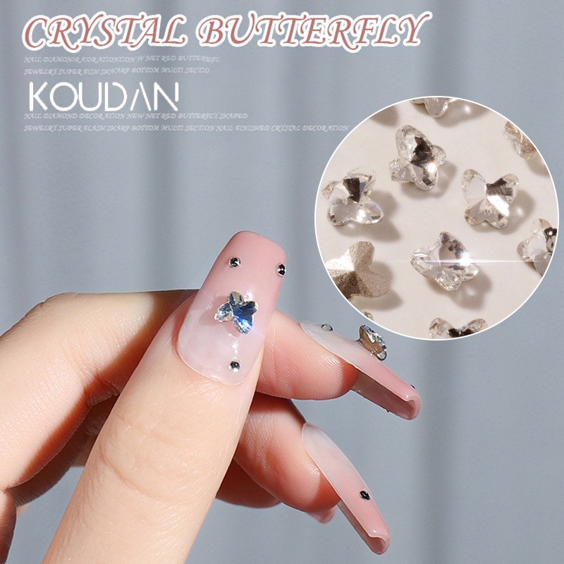 Koudan สติกเกอร์คริสตัล พลอยเทียม รูปผีเสื้อ หลากสี สําหรับตกแต่งเล็บเจล 10 ชิ้น