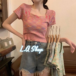 L.A Shop พร้อมส่ง เสื้อไหมพรมแขนสั้น ดีเทลน่ารักลายพาสเทลน่ารักมากๆ "9323-7"