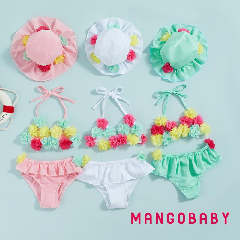 Mgg-ทารกหญิง 3 ชิ้นชุดว่ายน้ําดอกไม้ Decor Tie-Up Halter คอ Tank Tops Ruffles กางเกงขาสั้น Sun หมวกบ