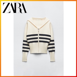 Zara ใหม่ เสื้อแจ็กเก็ตถัก คอปก แขนยาว ลายทาง สําหรับผู้หญิง