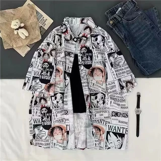 HANLU สื้อเชิ้ตผู้ชาย สไตล์มังงะ ใหม่ เสื้อเชิ้ตแขนสั้นฮาราจูกุทรงหลวมพอดีตัวแฟชั่นอินเทรนพิมพ์ลาย วันพีซลูฟี่