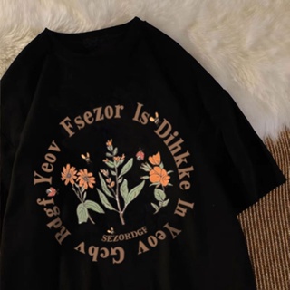 【💘💘】Korean loose retro oversize T-shirt creative flower printed cotton short-sleeved top for women