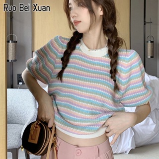 RUO BEI XUAN เสื้อยืดสตรีฤดูร้อนใหม่สไตล์เกาหลีหลวมสั้นถักลายด้านบน