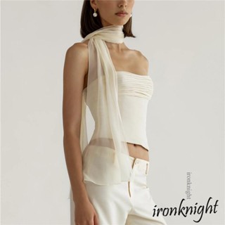 Ironknight-เสื้อแขนกุด เปิดไหล่ เปิดหลัง พร้อมผ้าพันคอยาว สไตล์สตรีท เหมาะกับฤดูร้อน สําหรับผู้หญิง