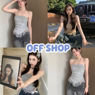 OFF SHOP พร้อมส่ง (OFF-11541) เสื้อเกาะอกไหมพรม ดีทเลปลายปล่อยระบายสามเหลี่ยม -C