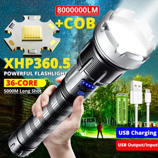 8000000Lm XHP360+COB ไฟฉาย LED อะลูมิเนียม ทรงพลัง พร้อมที่ชาร์จ USB กันน้ํา ระยะไกล 5000 เมตร สําหรับตั้งแคมป์