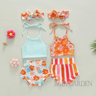 Babygarden-0-24 เดือน ชุดเสื้อผ้าเด็กผู้หญิง ฤดูร้อน, เสื้อแขนกุด แบบผ้าแถบ + กางเกงขาสั้น ลายทาง / ลายดอกไม้ + ที่คาดผมยางยืด