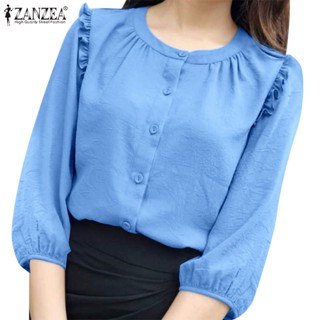 Zanzea เสื้อเบลาส์ลําลอง แขน 3/4 ติดกระดุม สีพื้น สไตล์เกาหลี สําหรับผู้หญิง