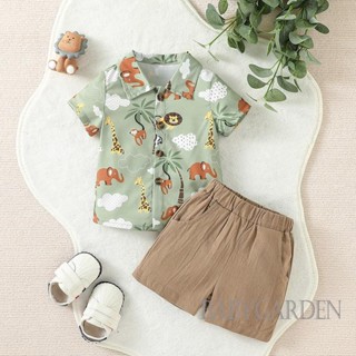 Babygarden-6 เดือน-3 ปี ชุดเสื้อผ้าเด็กผู้ชาย ฤดูร้อน เสื้อแขนสั้น พิมพ์ลายสัตว์ + กางเกงขาสั้น สีพื้น