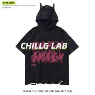 CHILLG LAB  เสื้อยืดผู้ชายฤดูร้อนสไตล์เมืองห้าจุดแขนอินเทรนด์หมวกมาตรฐานเยาวชนป๊อปพิมพ์ถ่ายเทความร้อนแฟชั่นแบรนด์แฟชั่น