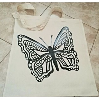 กระเป๋าผ้าฝ้าย 100% ลายผีเสื้อ Zentangle TSLQ