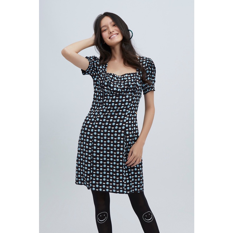 ESP เดรสลายพิมพ์จุดแต่งแขนพอง ผู้หญิง สีน้ำเงินเข้ม | Puff Sleeve Dot Print Dress | 05861