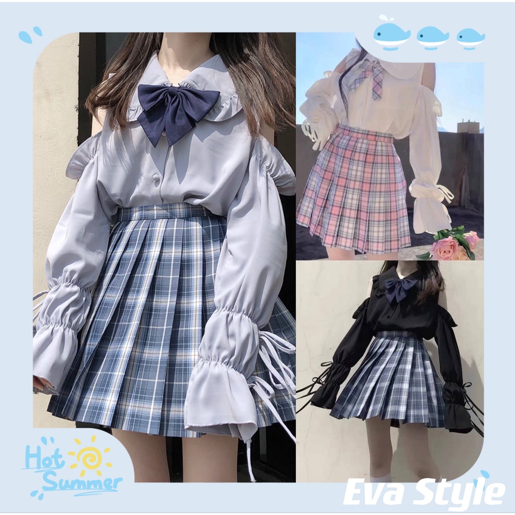 Eva Style🍒พร้อมส่ง✨CODเสื้อญี่ปุ่น สาวญี่ปุ่นลูกไม้โลลิต้าเสื้อแขนยาวคอตุ๊กตาเสื้อปาดไหล่