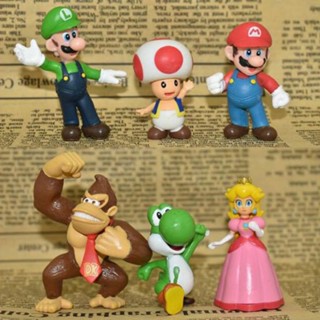 ตุ๊กตาฟิกเกอร์ Super Mario Bros Luigi Yoshi Mushroom ของเล่นสําหรับเด็ก 6 ชิ้น