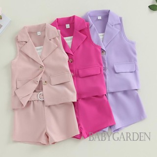 Babygarden-2-7 ปี ชุดเสื้อผ้าเด็กผู้หญิง ฤดูร้อน, เสื้อเบลเซอร์ ติดกระดุม แขนกุด + เสื้อคามิ + กางเกงขาสั้น เข็มขัด