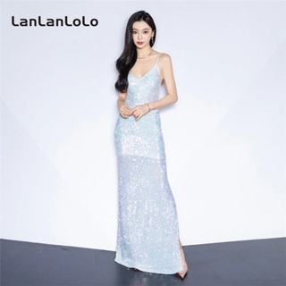 Lanlanlolo ชุดเดรส คอวี เปลือยหลัง เซ็กซี่ สีพื้น แฟชั่นสําหรับสตรี 2023