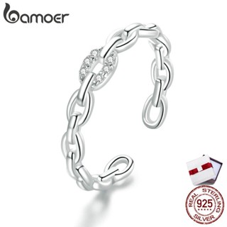 bamoer Genuine 925 Sterling Silver Geometric Chain Ring Finger Rings for Women Wedding Band Engagement Statement Jewelry BSR145