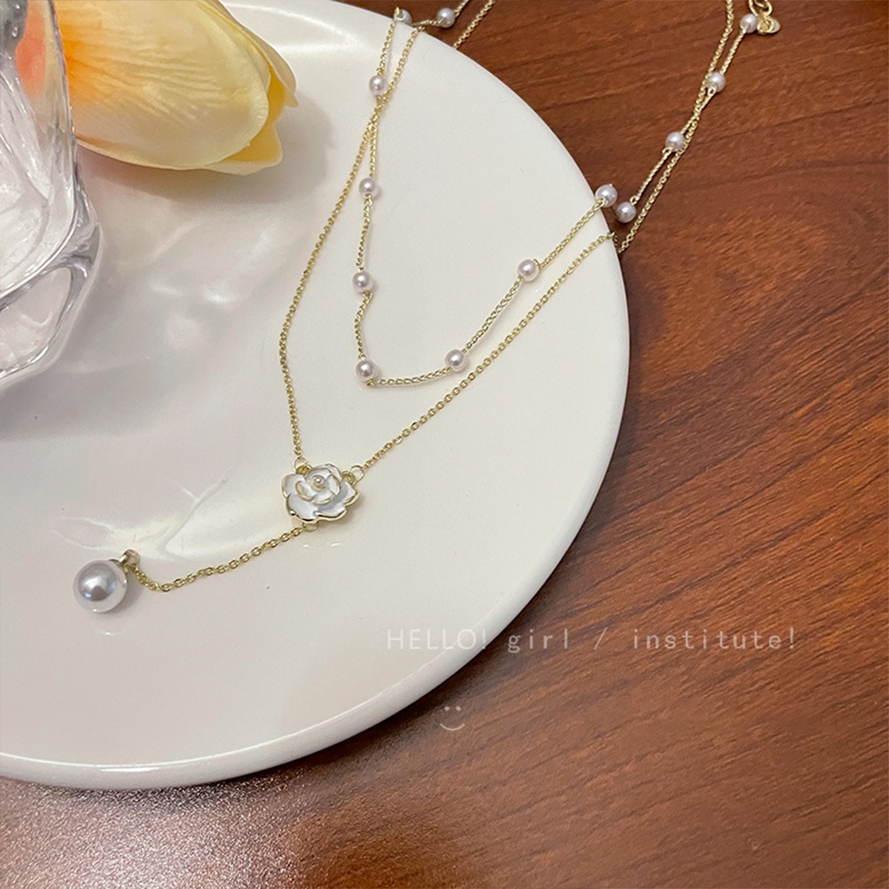 เครื่องประดับ สร้อยคอโชคเกอร์ จี้ดอกคามิเลีย ประดับไข่มุก มีหลายชั้น สีทอง สําหรับผู้หญิง