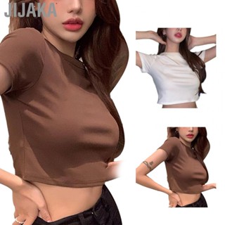 Jijaka Crewneck Short Crop Top  Letter Print T Shirt  Fit Fade Proof  for Summer