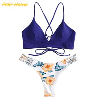 พร้อมส่ง Two-piece bikini set  ชุดบิกินี่ว่ายน้ำสองชิ้น ชุดว่ายน้ำทูพีชลายดอกไม้เสื้อสีน้ำเงิน