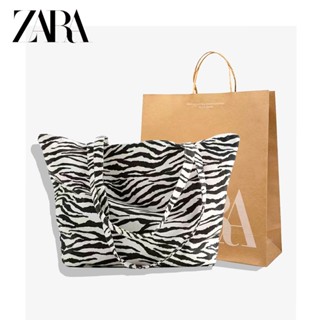 Zara กระเป๋าสะพายไหล่ กระเป๋าช้อปปิ้ง ผ้าแคนวาส พิมพ์ลายม้าลาย สําหรับผู้หญิง