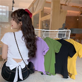 เสื้อครอปท็อป แขนสั้น ผูกเชือก สีแคนดี้ เซ็กซี่ สําหรับผู้หญิง