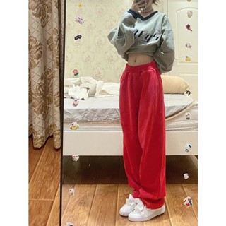 1226# Red high-waist straight wide-leg fleece sweatpants female hip-hop loose casual sports pants