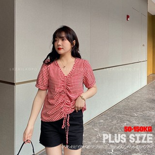 Plus size เสื้อผ้าสาวอวบ❤ เสื้อสาวอวบอ้วน ไซส์ใหญ่ ผู้หญิง เสื้อลายสก๊อต ทรงหลวม แขนสั้น คอวี เชือกรูด ฤดูร้อน สไตล์เกาหลีแฟชั่น