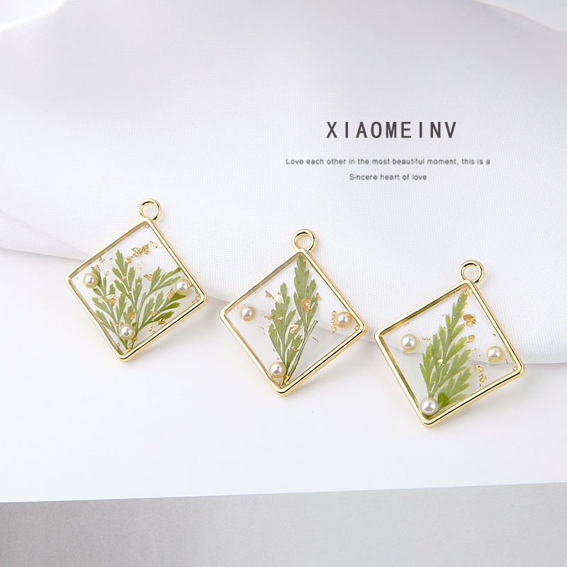 เครื่องประดับ ต่างหู จี้ดอกไม้แห้ง ประดับไข่มุก และเพชร และฟอยล์สีทอง แบบใส แฮนด์เมด DIY สไตล์เกาหลี และญี่ปุ่น