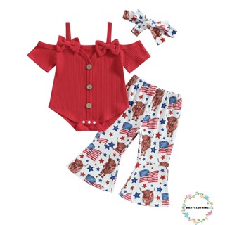 Babyclothes- ชุดรอมเปอร์ แขนสั้น เปิดไหล่ และกางเกงขาบาน แบบยืดหยุ่น แฟชั่นฤดูร้อน สําหรับเด็กผู้หญิง