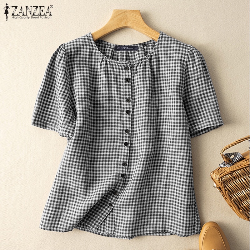 Zanzea เสื้อเบลาส์ คอกลม แขนสั้น พิมพ์ลายสก๊อต สไตล์เกาหลี สําหรับผู้หญิง