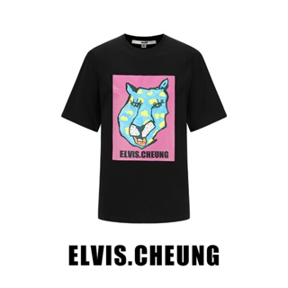 Elvis. เสื้อยืดแขนสั้นลําลอง พิมพ์ลายเสือดาว สีดํา