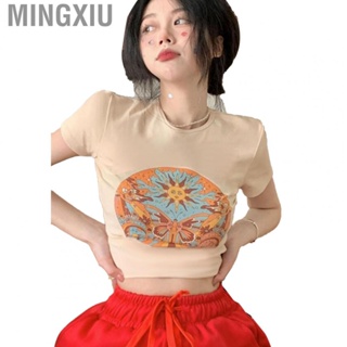 Mingxiu Women Summer Short Top  Vintage Pattern Sleeve T Shirt Breathable  Silk  Fitting for Shopping Daily