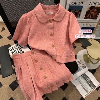 Sweet pink short blouse suit girl looks thin in summer, tall waist pleated skirt, two-piece set