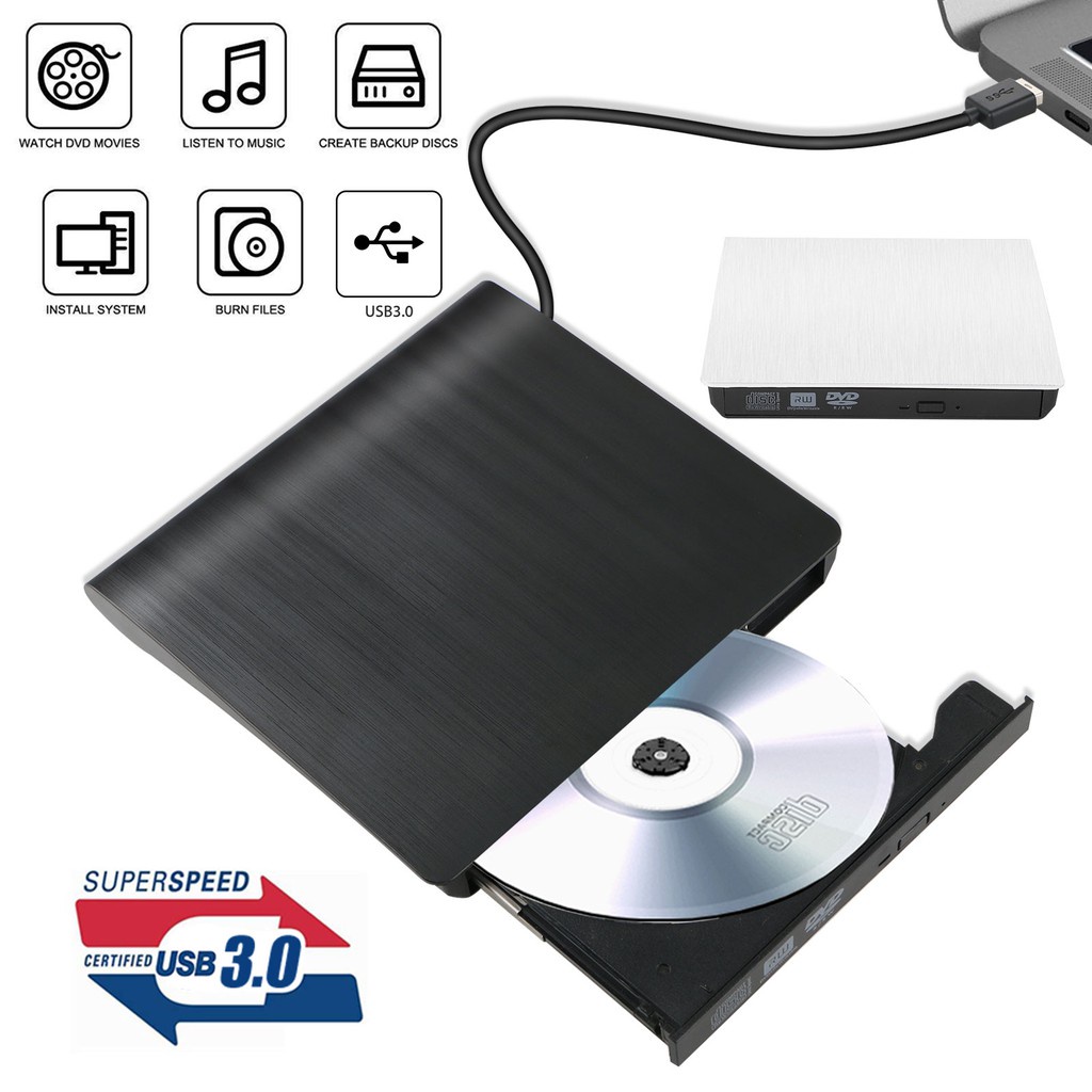 CD DVD-RW Burner ออปติคัลไดรฟ์ แบบพกพา สีดำและสีขาว USB 3.0 Slim External