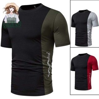 เสื้อยืดคอกลม ปักลายตัวอักษร บล็อกสี สําหรับผู้ชาย