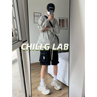 CHILLG LAB กางเกงขาสั้น Overalls ไวน์แดงลำลองผู้ชายฤดูร้อนอินเทรนด์แบรนด์ Ruffian หล่อห้าจุดเทรนด์กางเกงลำลองย้อนยุคอเมริกัน