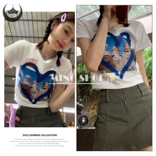 Ming Summer เสื้อยืดครอปท็อป คอกลม แขนสั้น พิมพ์ลายแมว สไตล์อเมริกัน เรโทร สําหรับผู้หญิง TH