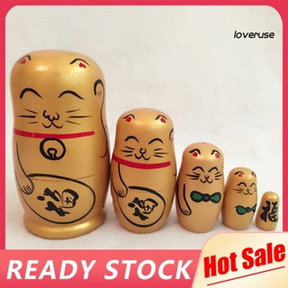 Loveruse 5 ชิ้น / เซต รังตุ๊กตา วาดด้วยมือ ตกแต่งบ้าน ไม้แมวนําโชค Matryoshka ของขวัญสําหรับร้านค้า