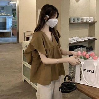 เสื้อเชิ้ต คอวี แขนพอง ทรงหลวม ระดับไฮเอนด์ สไตล์เรโทร แฟชั่นฤดูร้อน สําหรับผู้หญิง 2022
